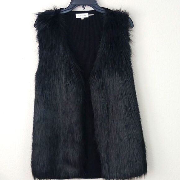 Calvin Klin boho chic black faux fur and knit vest sz medium - Picture 10 of 12